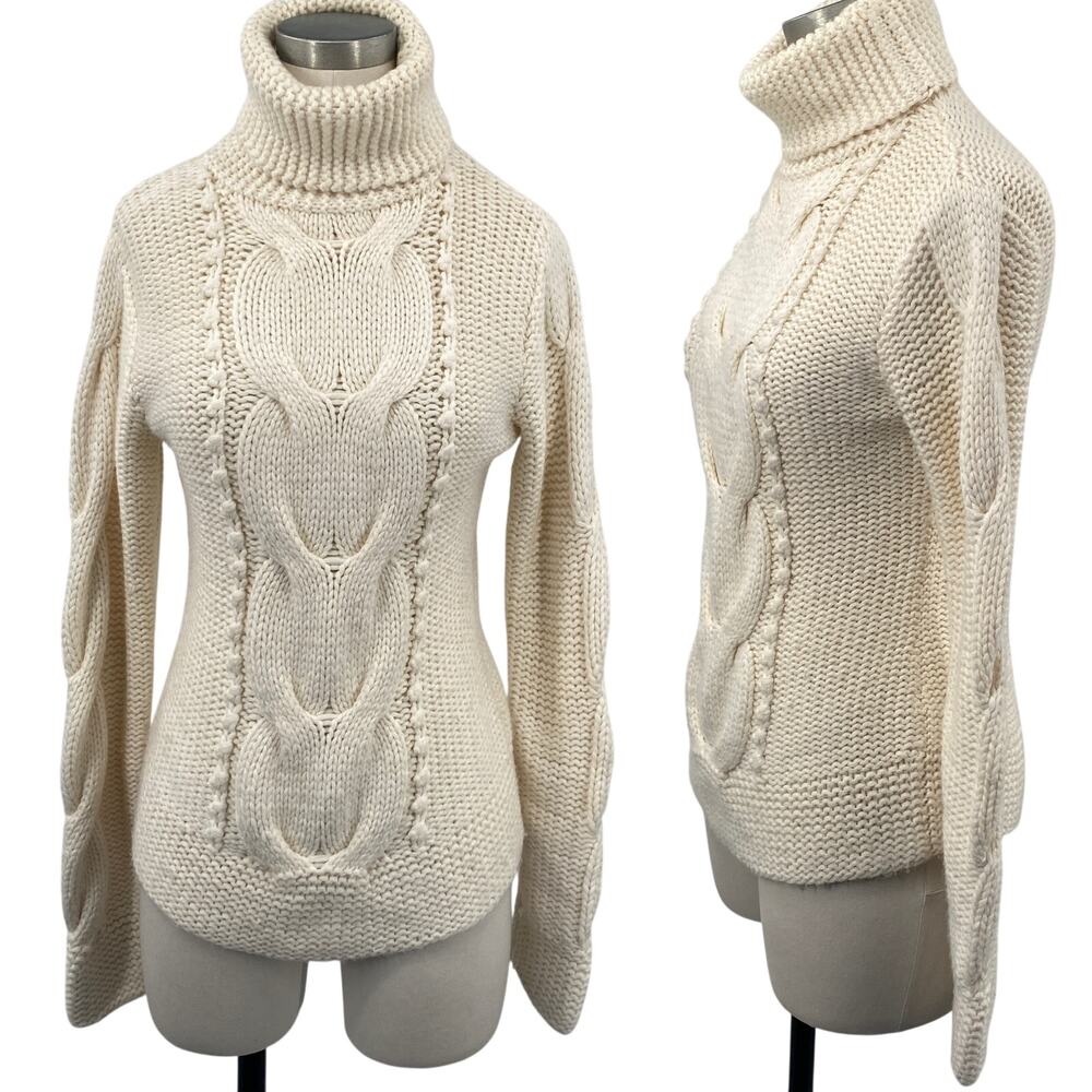 Vintage 90s Eddie Bauer Cable Hand Knit Sweater Wool Blend Turtleneck Ivory S/M